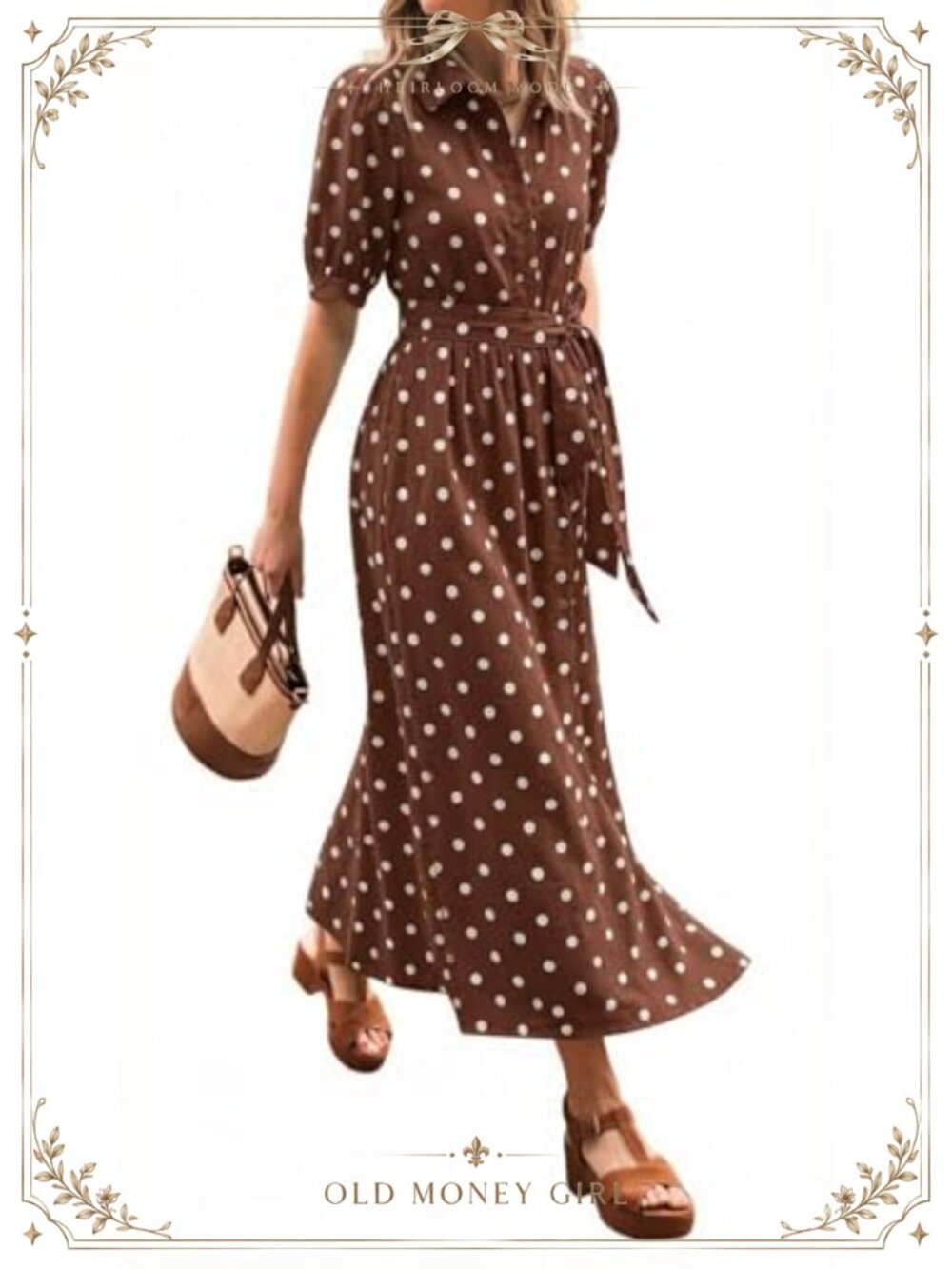 Women's Polka Dot Midi Dress Puff Short Sleeve Button Down Shirt Dress